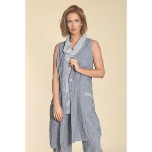 Fenini Women's Long Vest Blue Stripe Sleeveless Button Front Lagenlook- Size M